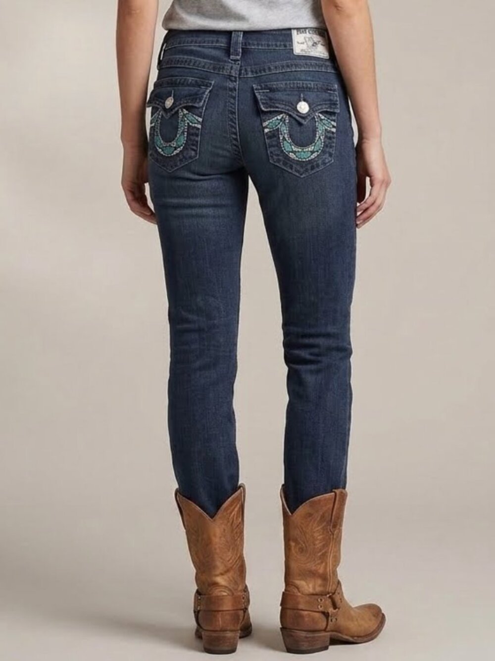True Religion Turquoise Silver Embroidery Straight‎ Jeans Size 26